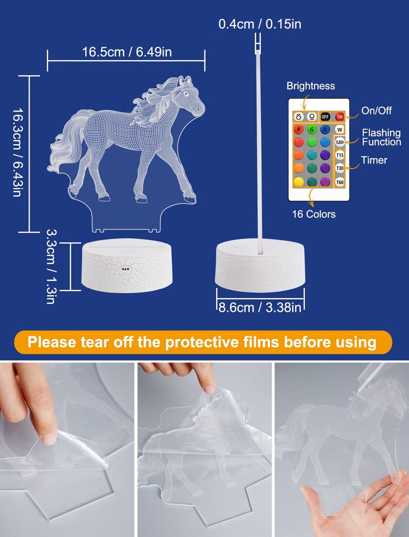 FULLOSUN Horse Gifts for Girl, Horse 3D Night Lights for Kids Illusion Lamp 16 Colors Changing with Remote Birthday Gifts for Child Baby Boy and Girl - Image 4